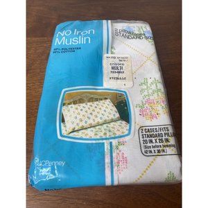 Vintage JC Penney Standard Pillowcases New Pink Yellow Flowers Muslin Made USA